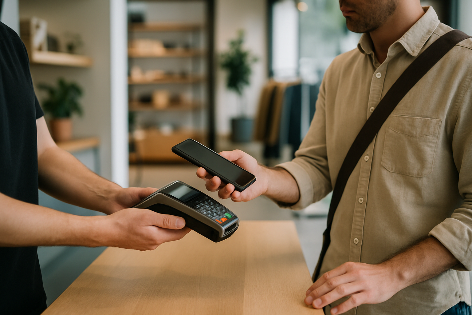 Cliente effettua un pagamento digitale con smartphone alla cassa di un negozio