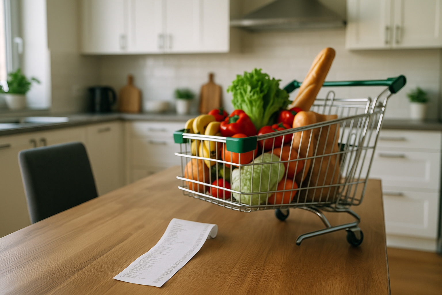 Carrello della spesa e scontrino su un tavolo in cucina, simbolo dell’aumento dei prezzi alimentari