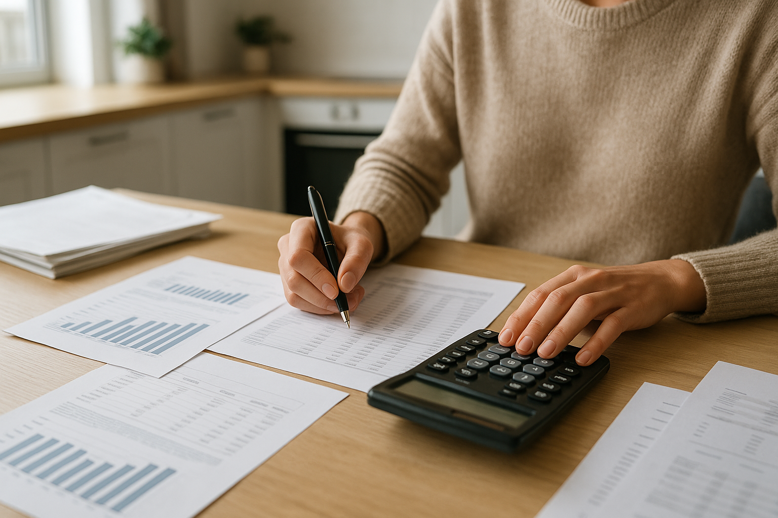 Famiglia che rivede il budget domestico con documenti e calcolatrice sul tavolo