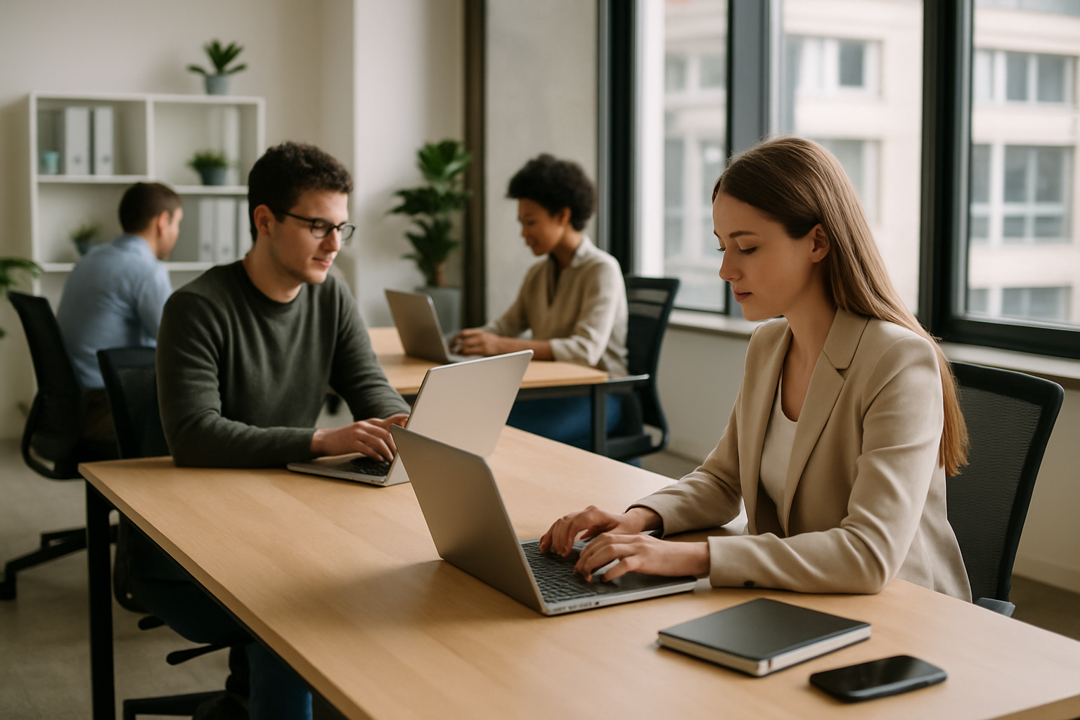 Ufficio moderno con postazioni condivise e persone che lavorano in modalità ibrida