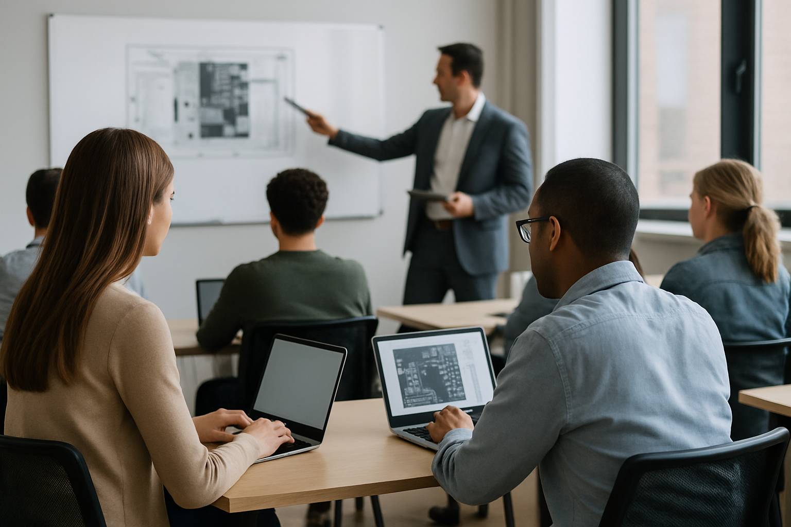 Gruppo di adulti in formazione professionale durante una lezione pratica con computer portatili
