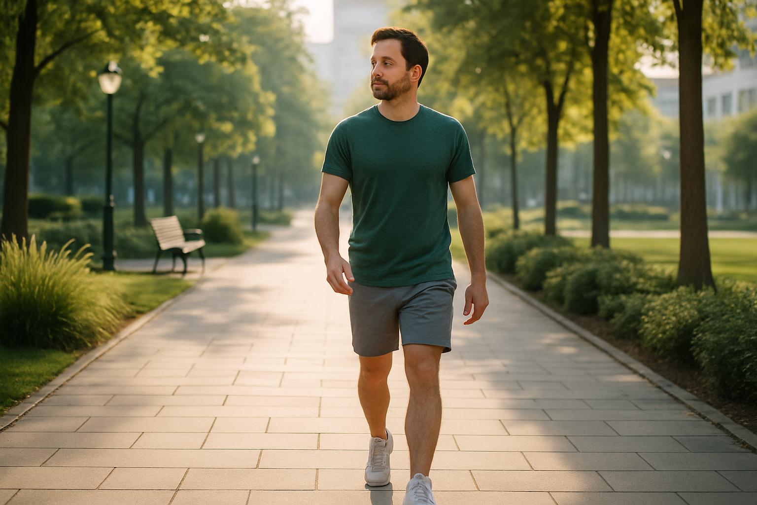 Persona che cammina in un parco urbano al mattino come esempio di abitudine salutare quotidiana
