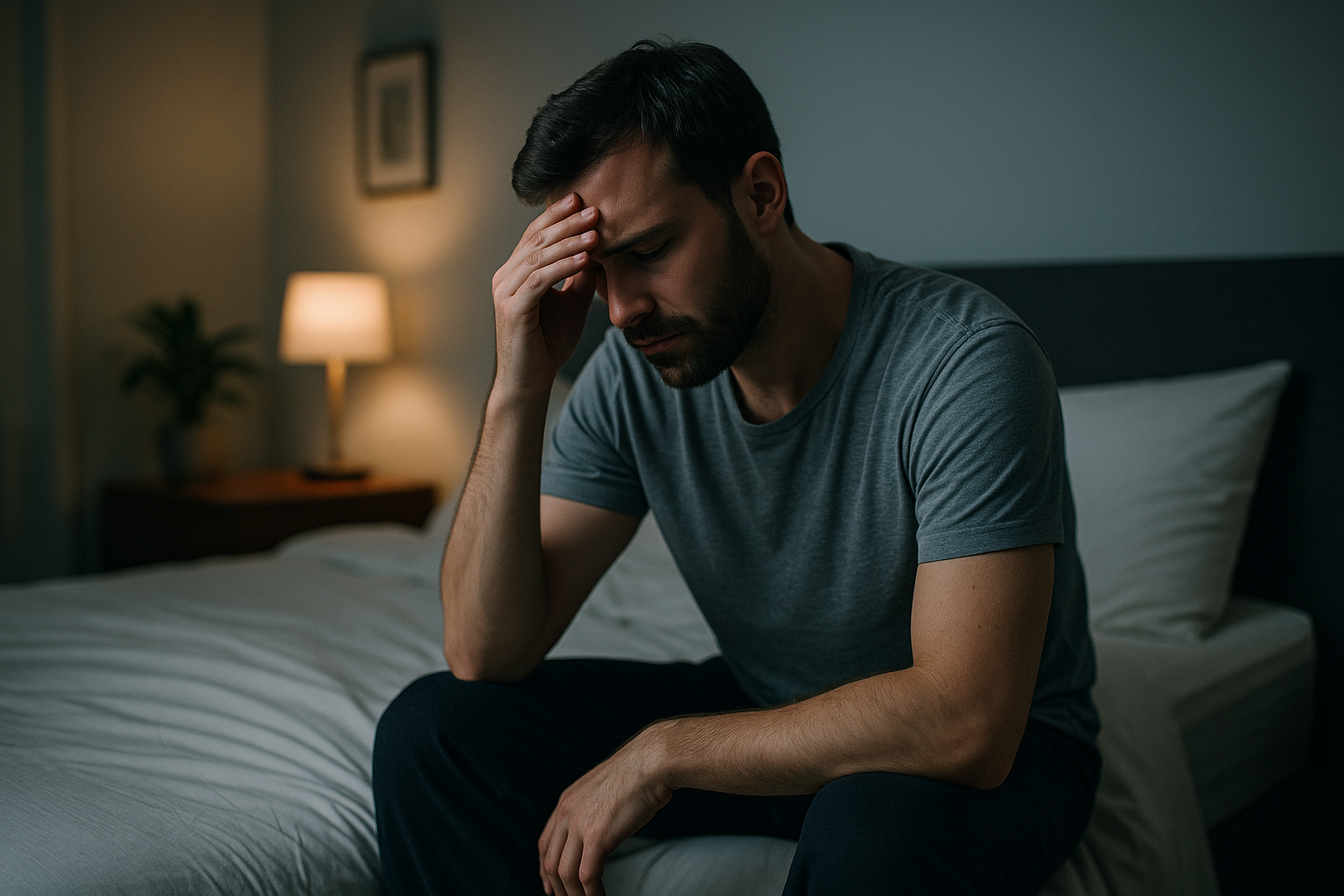 Persona sveglia di notte seduta sul letto in una stanza con luce soffusa