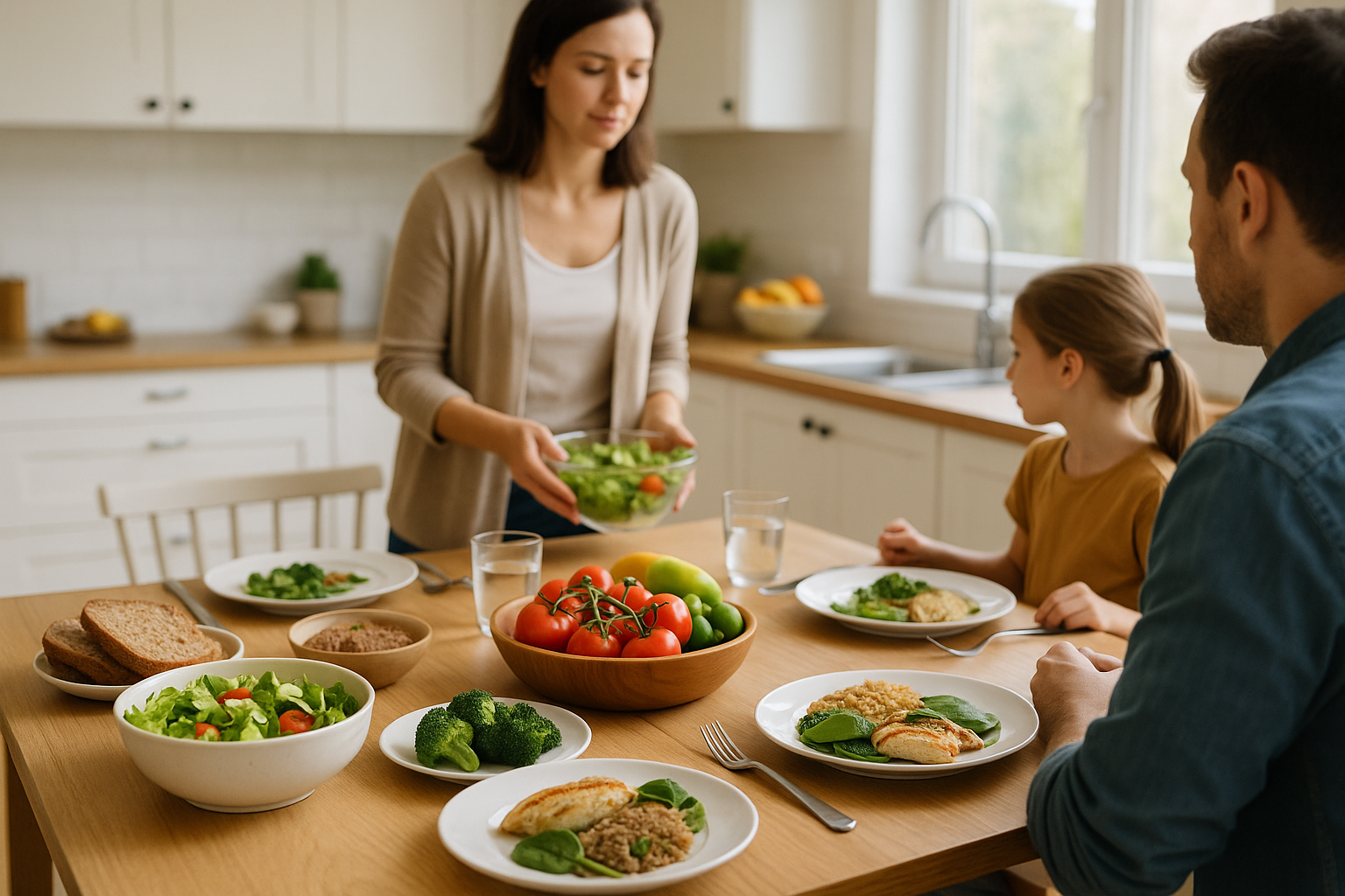 Tavolo di cucina con piatti semplici e ingredienti freschi, simbolo di nuove abitudini alimentari in famiglia