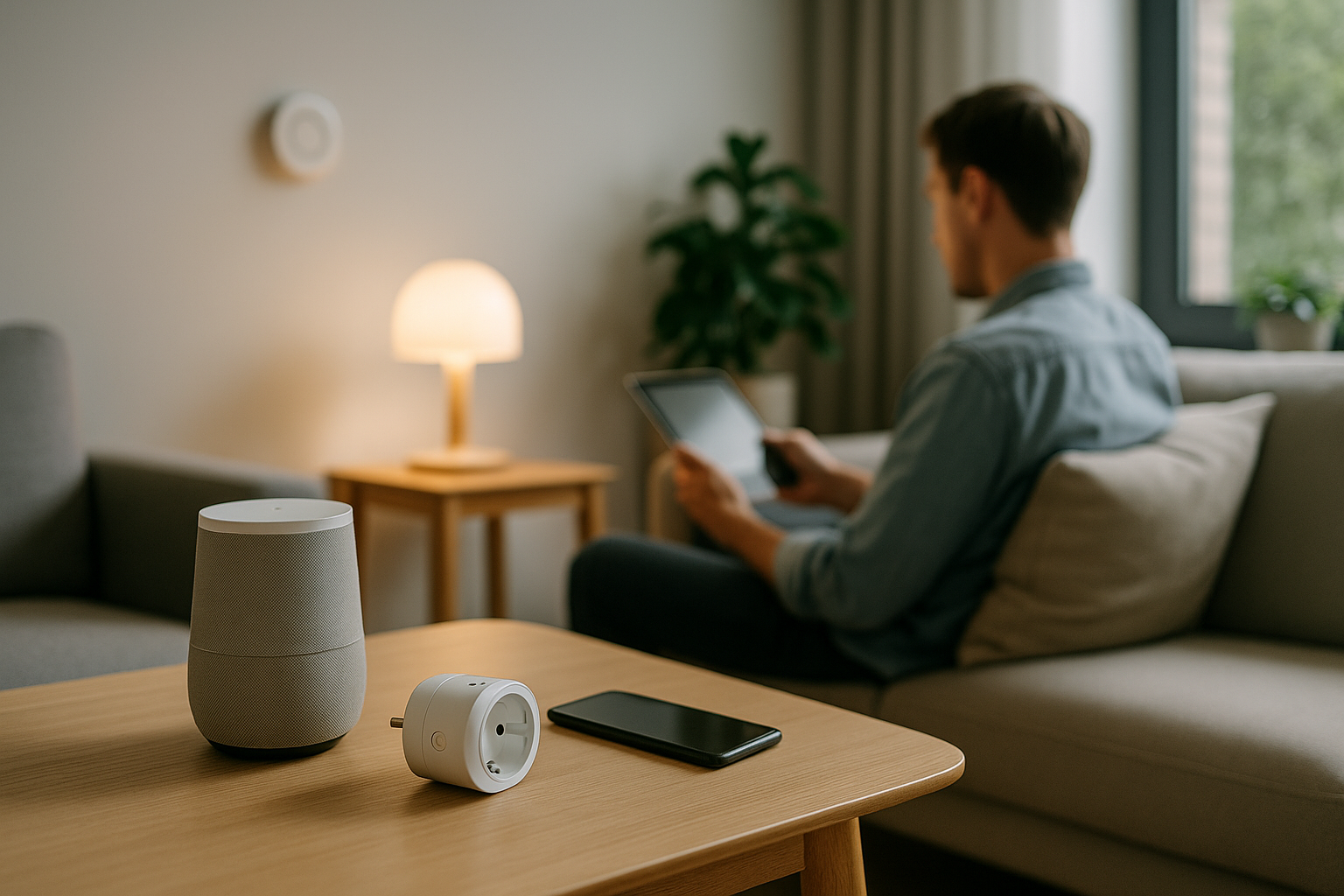 Ambiente domestico moderno con dispositivi intelligenti per illuminazione e controllo dei consumi