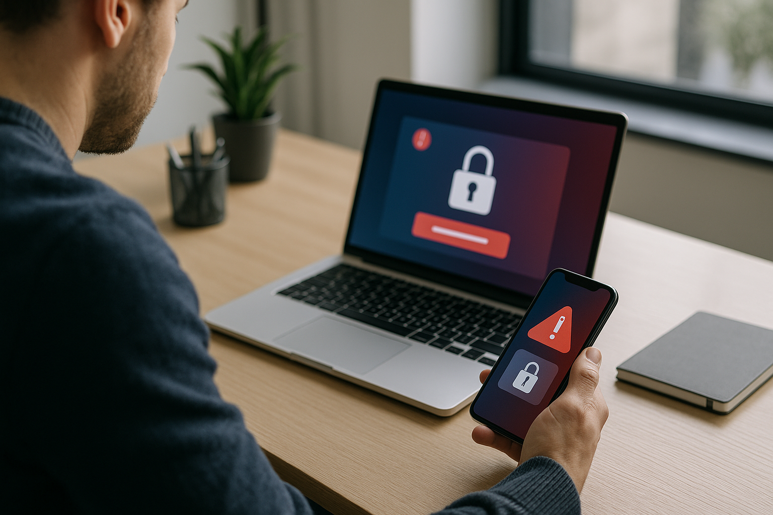 Laptop e smartphone su una scrivania con icone di sicurezza digitale e lucchetto, simbolo di protezione online