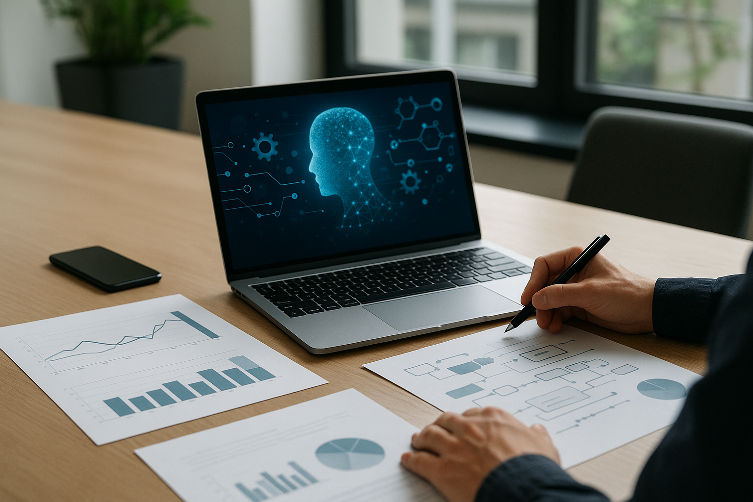 Scrivania moderna con laptop e documenti che rappresentano l’impatto dell’intelligenza artificiale sul lavoro quotidiano