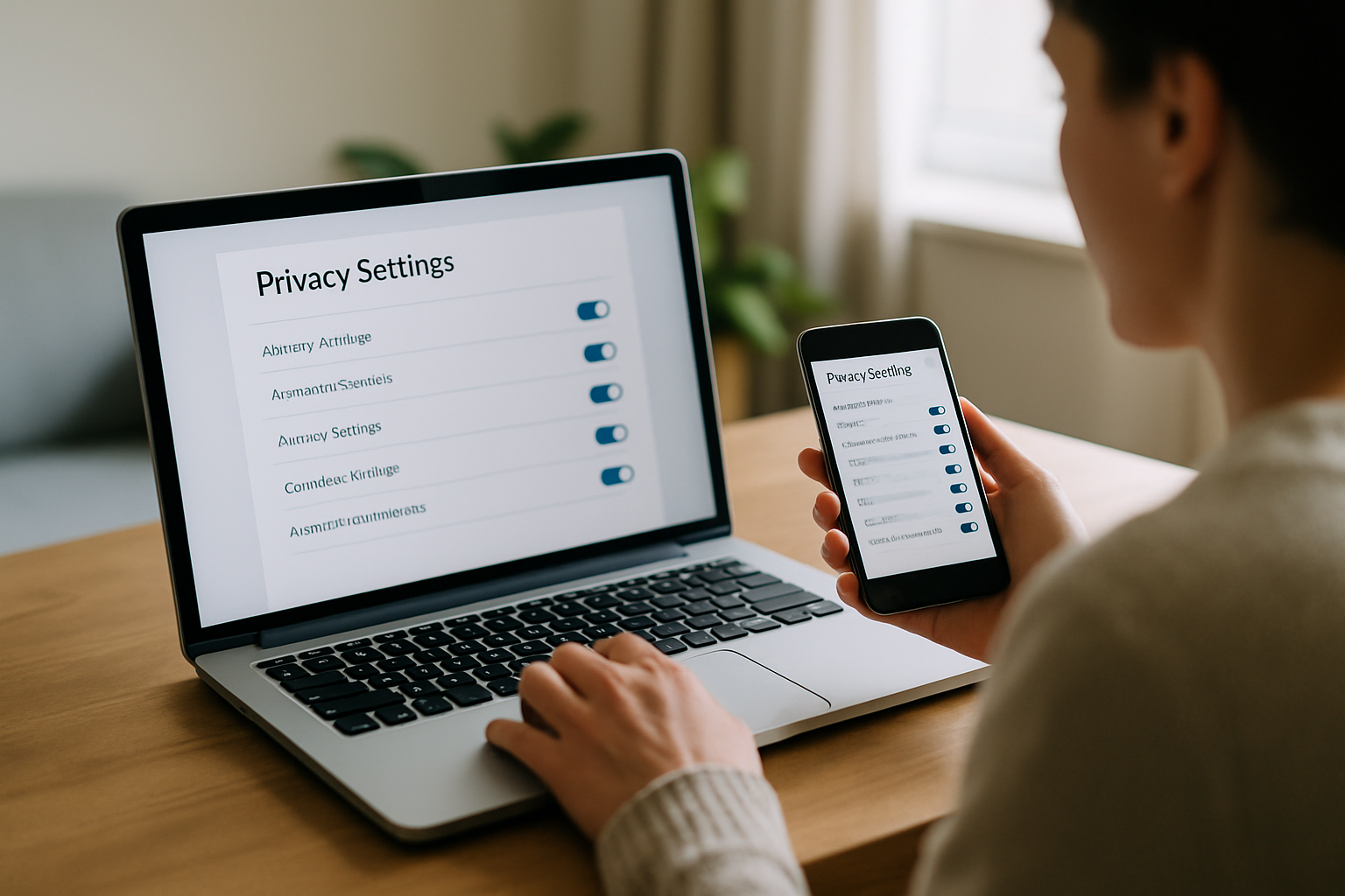 Utente che verifica impostazioni di privacy e consensi prima di usare un servizio online