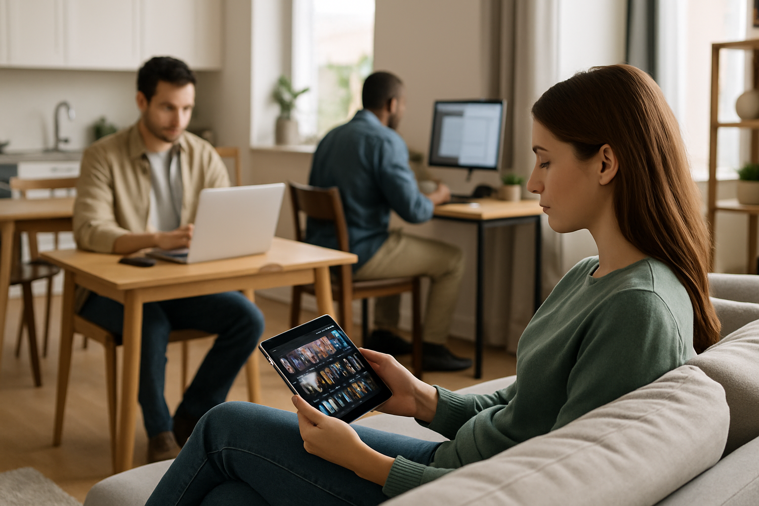 Famiglia in casa con più dispositivi connessi mentre lavora e guarda contenuti in streaming
