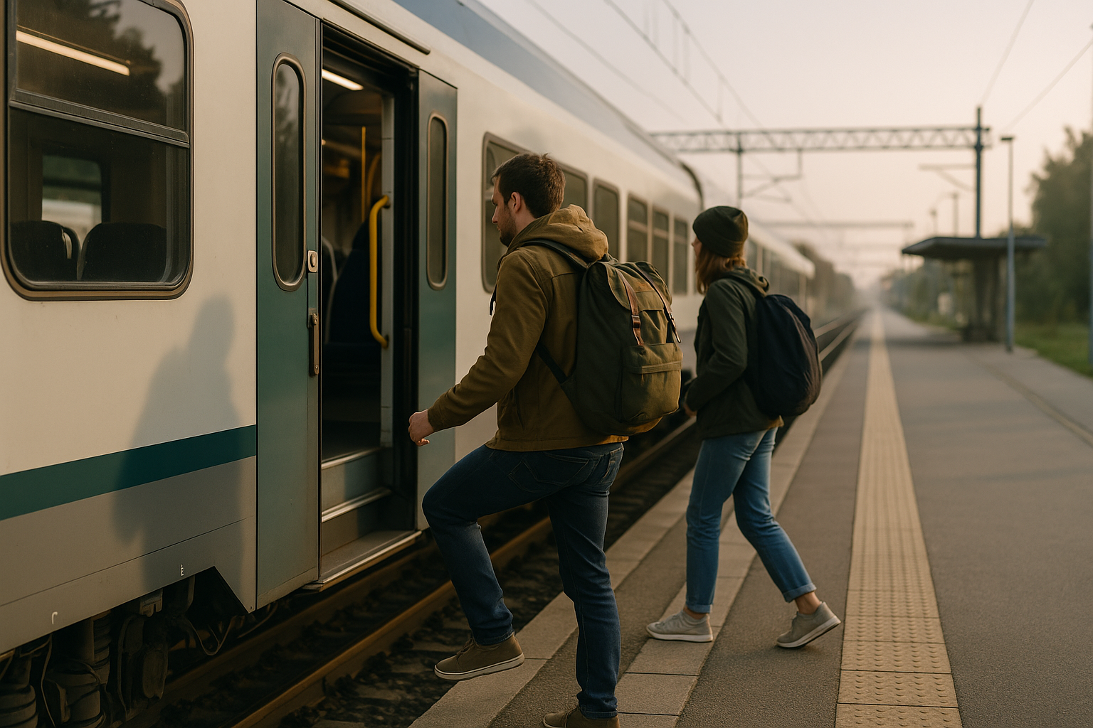 Viaggiatori in partenza per un weekend con zaini leggeri in una piccola stazione ferroviaria