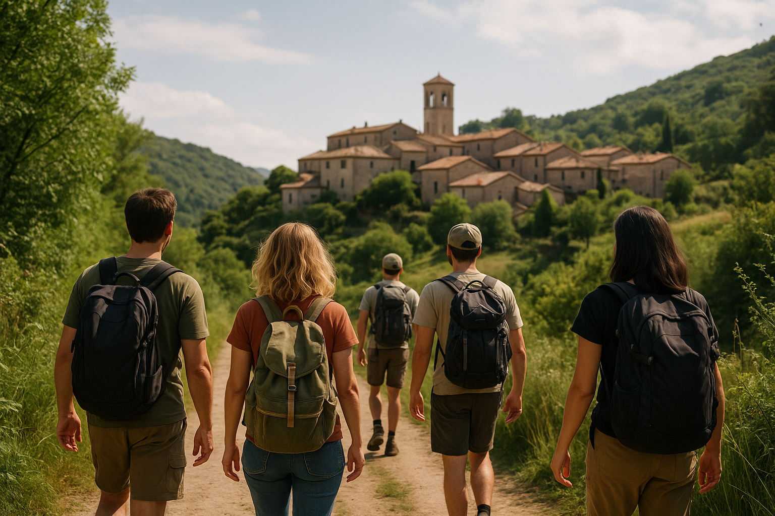 Viaggiatori percorrono un sentiero in collina verso un piccolo borgo, simbolo di vacanze sostenibili e mete meno affollate