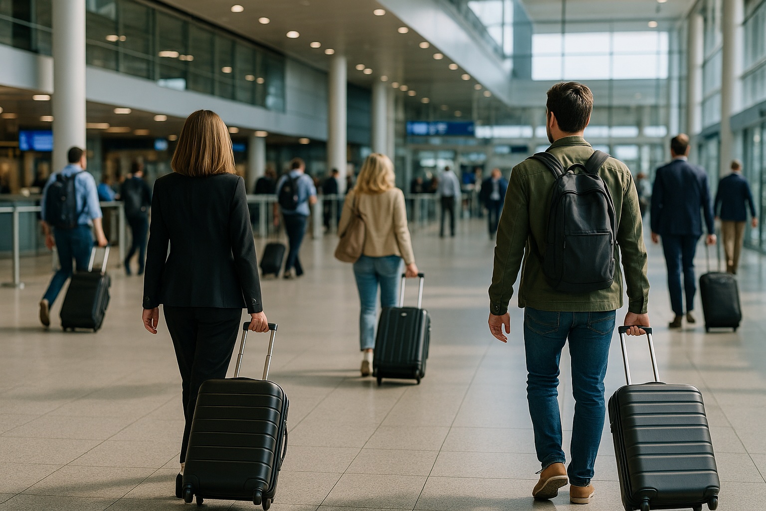Viaggiatori in aeroporto con trolley vicino ai controlli di sicurezza