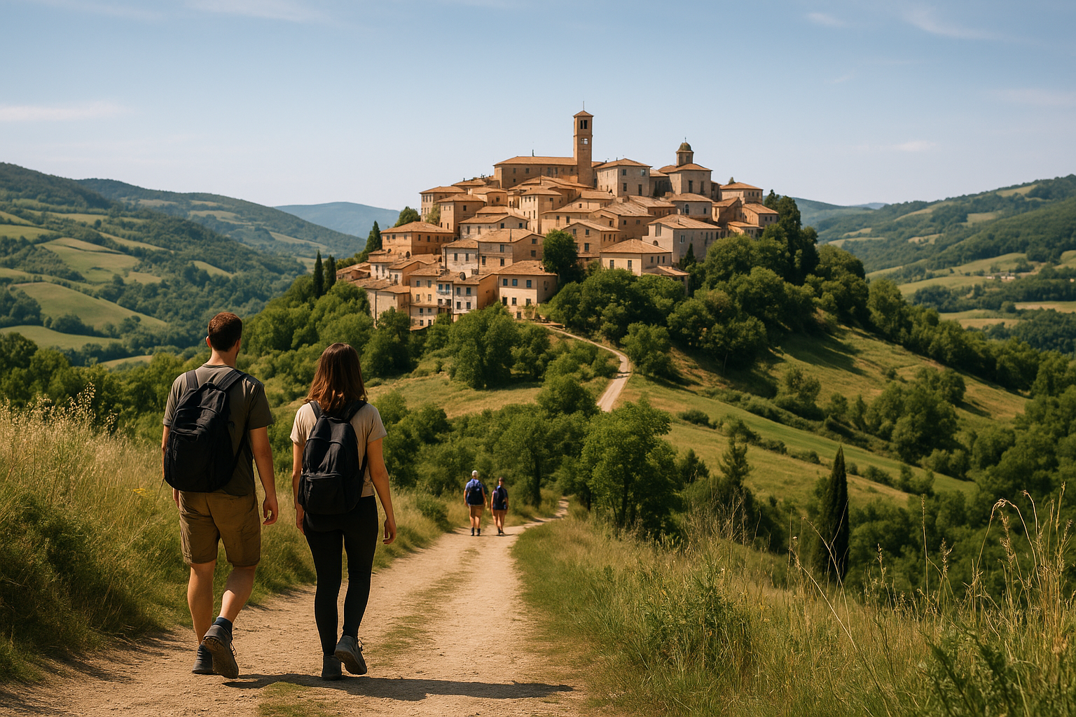 Borgo e paesaggio collinare con sentiero, simbolo della riscoperta del turismo locale