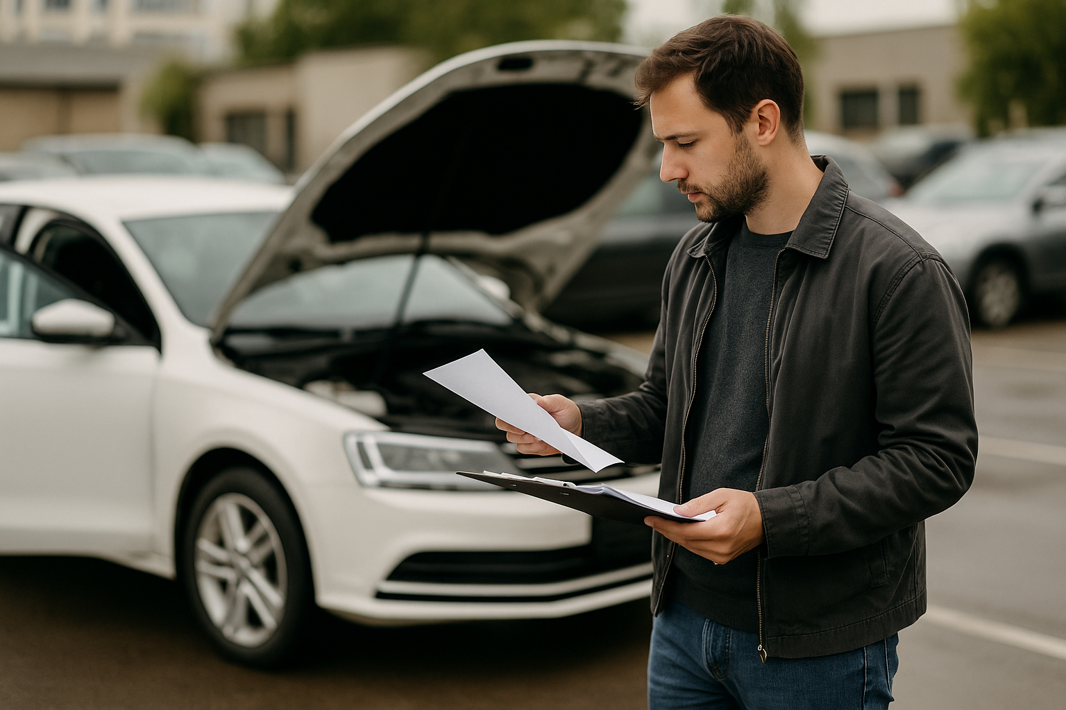 Acquirente che verifica documenti e condizioni di un'auto usata prima dell'acquisto