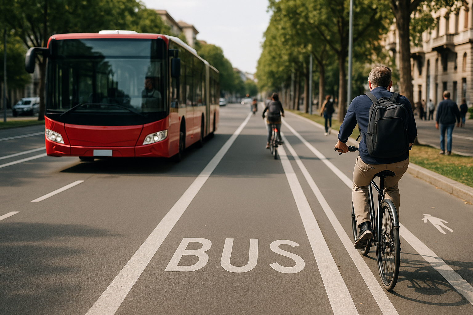 Strada cittadina con corsia per autobus e pista ciclabile, persone in bicicletta e pedoni