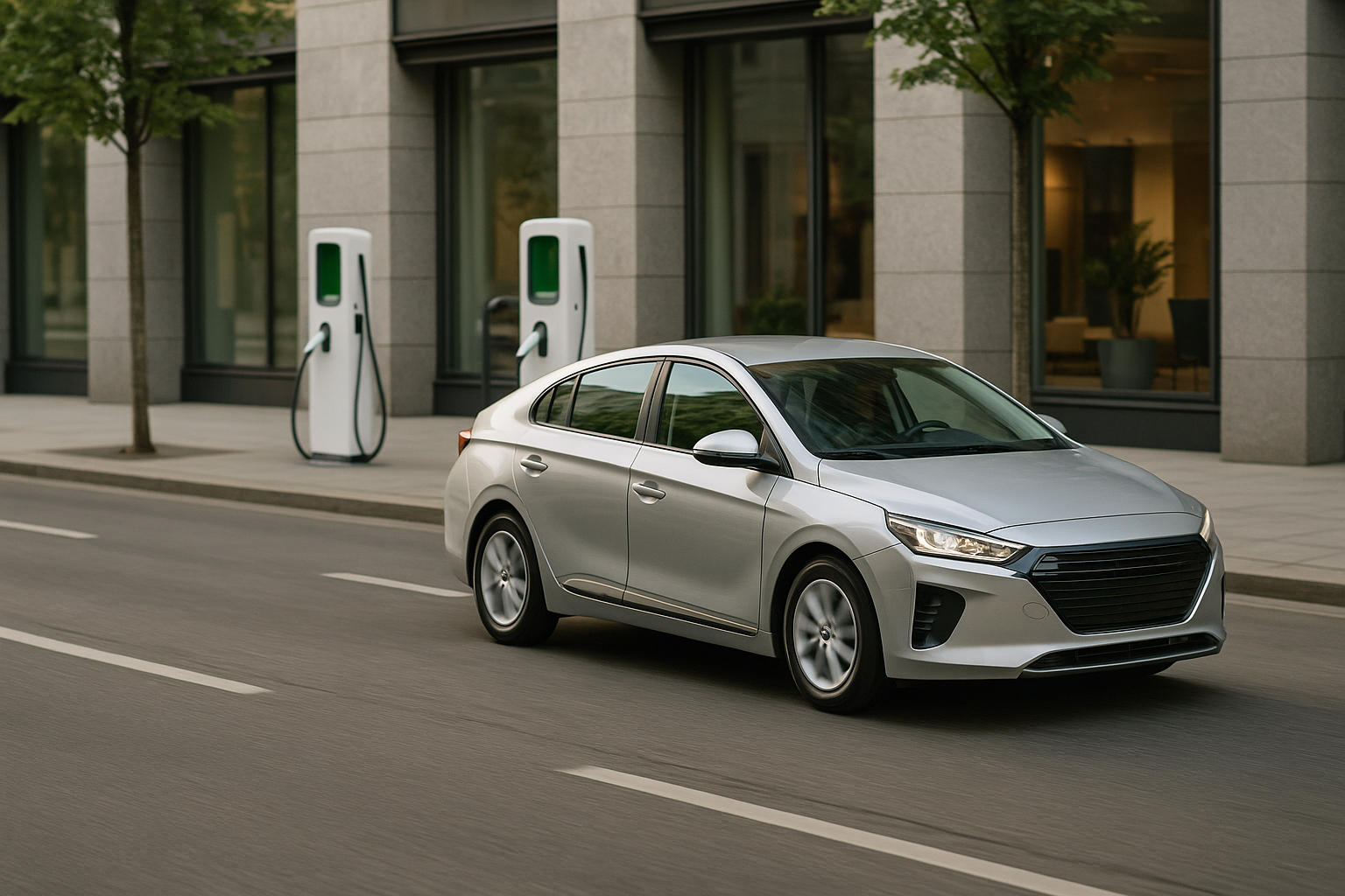 Auto elettrica in contesto urbano con infrastrutture di ricarica sullo sfondo