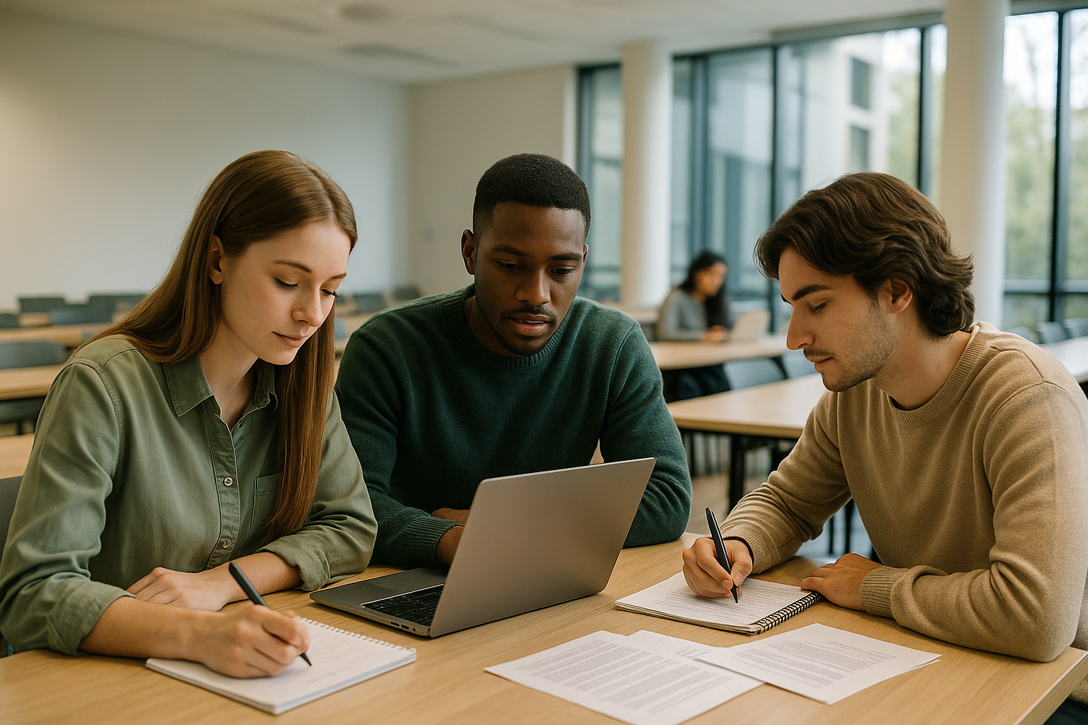 Studenti universitari al lavoro su un progetto di gruppo con laptop e appunti in aula moderna