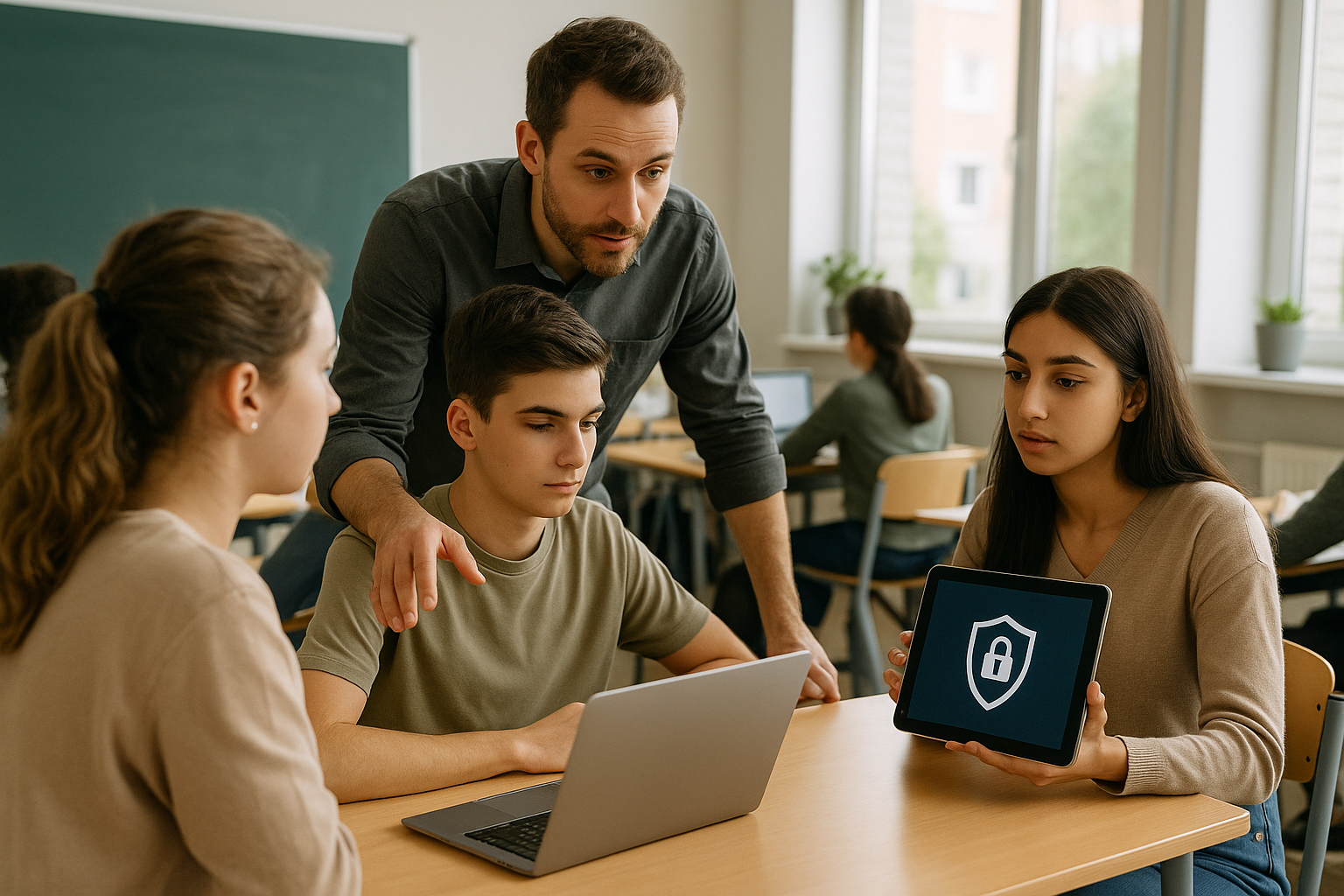 Studenti e insegnante in aula durante un’attività di educazione digitale sulla sicurezza online